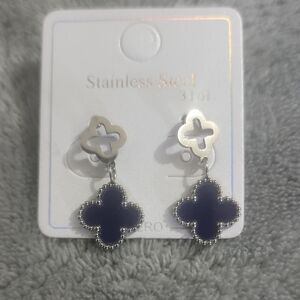Clover Drop Stainless Steel Earrings in Dark Blue